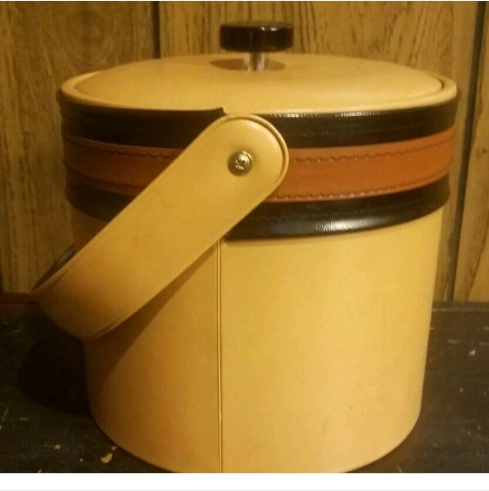 Vintage 1970s Tan and Black Ice Bucket 7 Inches Tall Vinyl Some Scratches